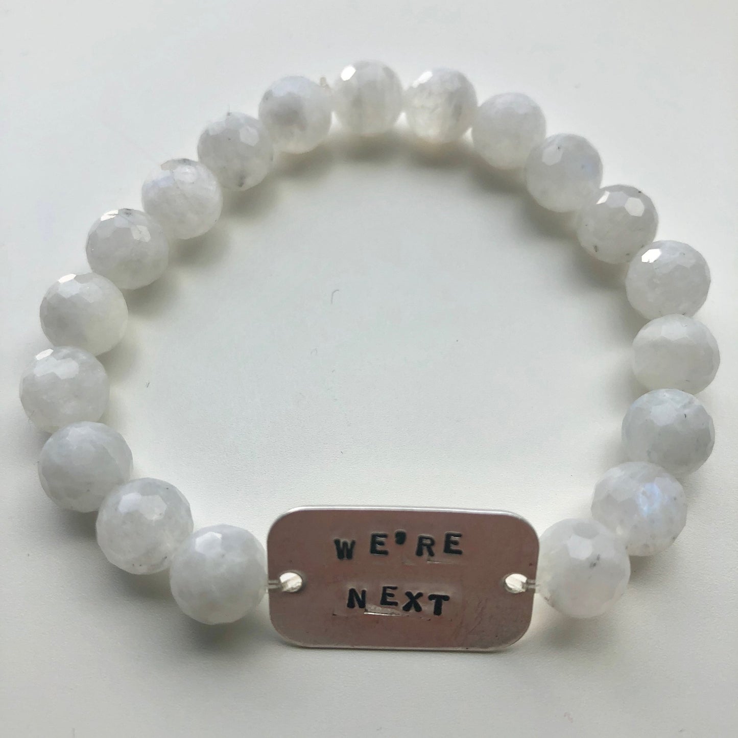 Faceted Moonstone Bracelet with hand forged sterling silver mantra charm